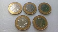 Moedas de 1 Real de 2015 FUTEBOL Anel Aço Inox Banhado de Bronze Núcleo aço Inox (Lote 5 Moedas ) Circuladas OL 19