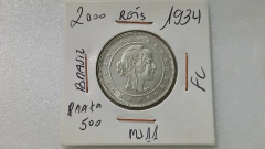 Moeda de 2000 Réis de 1934 Prata 500 Republica MJ 11