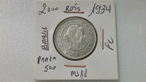 Moeda de 2000 Réis de 1934 Prata 500 Republica MJ 11