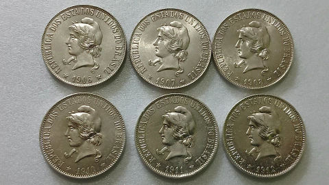 Moedas de 2000 Réis de 1906 à 1912 República Prata 900 Serie Completa