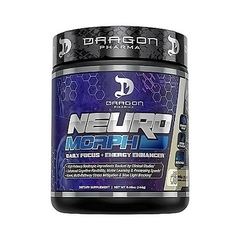 Pote de suplemento Neuromorph da Dragon Pharma, destinado ao aumento de foco e energia, com design em azul e preto.