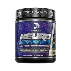 Pote de suplemento Neuromorph da Dragon Pharma, destinado ao aumento de foco e energia, com design em azul e preto.