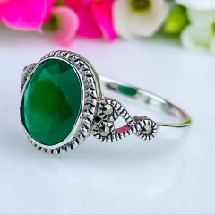 Anel de prata 925 com pedra natural ágata verde e marcassita (A2847) - loja online