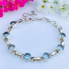 Pulseira de prata 925 com pedra natural topázio azul (PB464)
