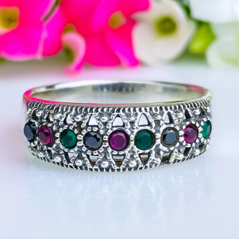 Anel de prata 925 com zircônias coloridas e marcassitas (A2851)