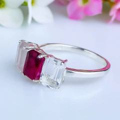 Imagem do Anel de prata 925 com pedra natural quartzo hialino rubi e quartzo rosa (A2937)