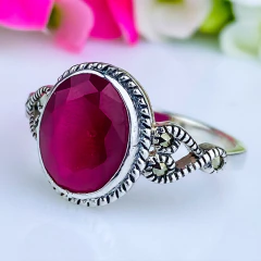 Anel de prata 925 com pedra natural ágata vermelha e marcassita (A2848) - loja online