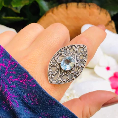 Anel Indiano Prata 925 com Pedra Natural Topázio Azul (A215)