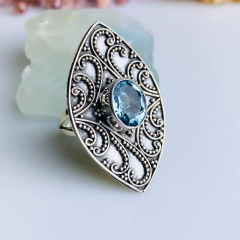 Anel Indiano Prata 925 com Pedra Natural Topázio Azul (A215) - comprar online