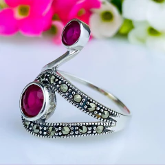 Anel de prata 925 com pedra natural ágata vermelha e marcassita (A2849) - loja online