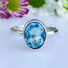 Anel de prata 925 com pedra natural topázio azul (A2461)