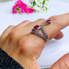 Anel de prata 925 com pedra natural ágata vermelha e marcassita (A2849) - comprar online