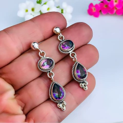 Brincos de prata 925 com pedra natural topázio místico (B2406) - PRATAdaPEDRA