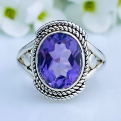 Anel de prata 925 com pedra natural ametista (A2909)