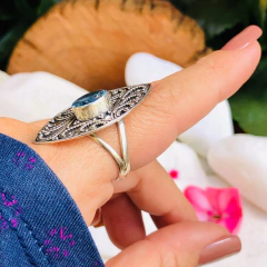 Anel Indiano Prata 925 com Pedra Natural Topázio Azul (A215) - comprar online