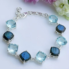 Pulseira ajustável de prata 925 com pedras naturais topázio azul e labradorita (PB462)