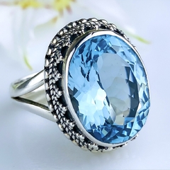 Anel de prata 925 com pedra natural topázio azul sky (A2423)