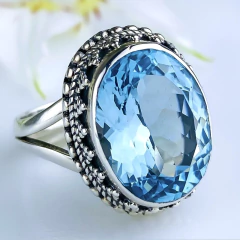 Anel de prata 925 com pedra natural topázio azul sky (A2423)
