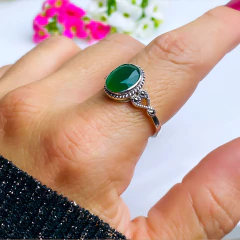 Anel de prata 925 com pedra natural ágata verde e marcassita (A2847) - comprar online