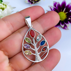 Pingente de prata 925 com pedras naturais árvore sete chakras (P1061) - loja online