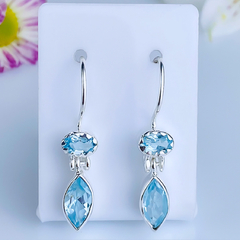 Brincos de prata 925 com pedra natural topázio azul (B2205)