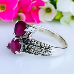 Anel de prata 925 com pedra natural ágata vermelha e marcassita (A2850) - loja online