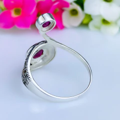 Anel de prata 925 com pedra natural ágata vermelha e marcassita (A2849) - PRATAdaPEDRA