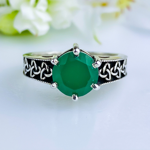 Anel de prata 925 com pedra natural ágata verde (A2412)
