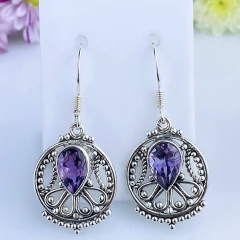 Brincos de prata 925 com pedra natural ametista (B2156)