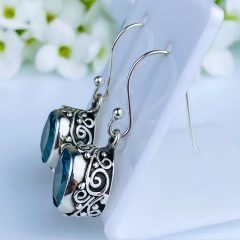 Brincos de prata 925 com pedra natural topázio azul (B2392) - loja online