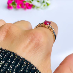 Anel de prata 925 com pedra natural ágata vermelha e marcassita (A2859) - comprar online