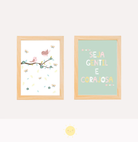 Duo Quadro Infantil Passarinhos e Frase Gentil e Corajosa