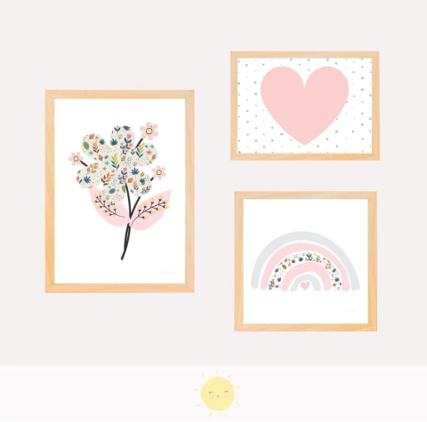 Trio de Quadros Florescer e Coração Poá