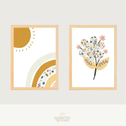 Duo Quadro Infantil Arco-íris Boho Sol Nascente Florescer