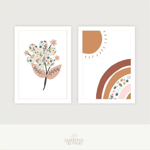 Duo Quadro Arco-íris Boho Sol Nascente Florescer Terracota