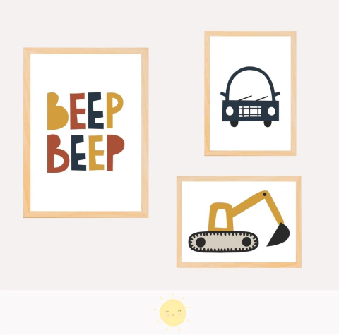Trio de Quadros Carrinhos Beep Beep