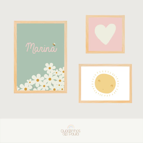 Trio de Quadros Infantis Jardim de Margaridas Nome Personalizado - comprar online