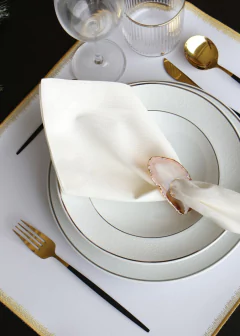 Lugar Americano Retangular em Lona Impermeável Duplo Cor Branco com Bordado Dourado