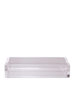 Bandeja de cristal acrílico transparente medindo 14x28x2,5 cm, ideal para decoração de ambientes.