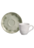 Conjunto com 6 xícaras de café brancas e 6 pires com estampa de folhas verdes, ideal para mesa posta.