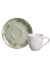 Conjunto com 6 xícaras de café brancas e 6 pires com estampa de folhas verdes, ideal para mesa posta.