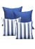 Kit com quatro almofadas impermeáveis para outdoor, sendo duas em azul marinho liso e duas com listras brancas e azul marinho.