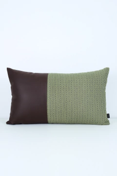 Almofada em Couro Ecológico Café com Linho Verde Retangular - comprar online