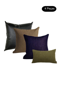Kit de almofadas em couro e bouclê, composto por quatro peças em diferentes texturas e cores.