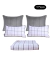 Kit Quarto Barcelona composto por cinco peças, incluindo duas almofadas cinza, duas almofadas retangulares brancas com estampa de grade cinza e um cobertor branco com listras cinza