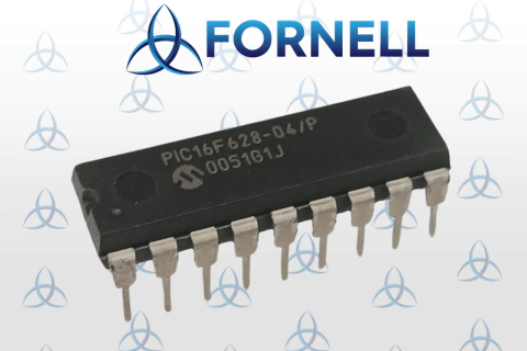 Microcontrolador PIC16F628-04I/P, um chip de 8 bits com 3.5KB de memória e 224 RAM, exibido sobre um fundo com logotipo da Fornell.