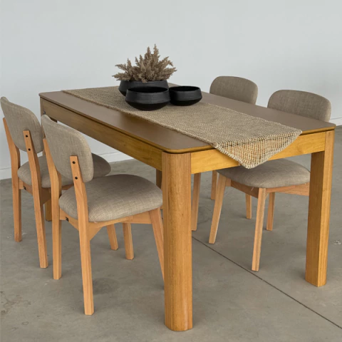 JUEGO COMEDOR MESA LACAR 1.60 + 4 SILLAS EYRA PERGAMINO MUEBLES