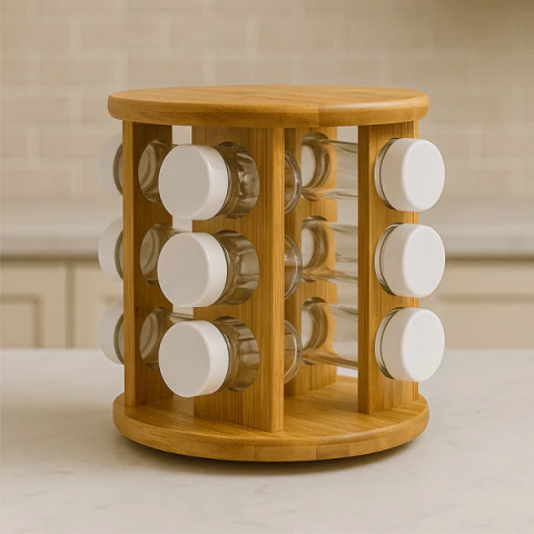 ESPECIERO GIRATORIO 12 FRASCOS DE BAMBU 22X18CM