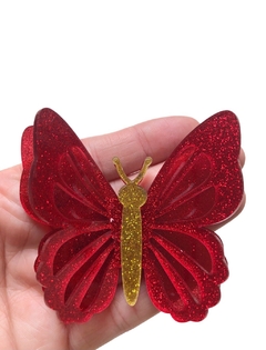 Aplique borboleta grande 3D vermelha glitter acrílico - 1 unidade