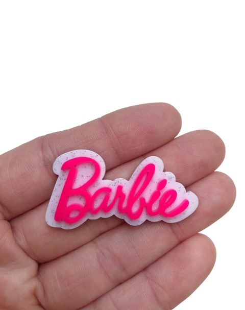 Aplique nome Barbie rosa neon e branco glitter acrílico - 1 unidade